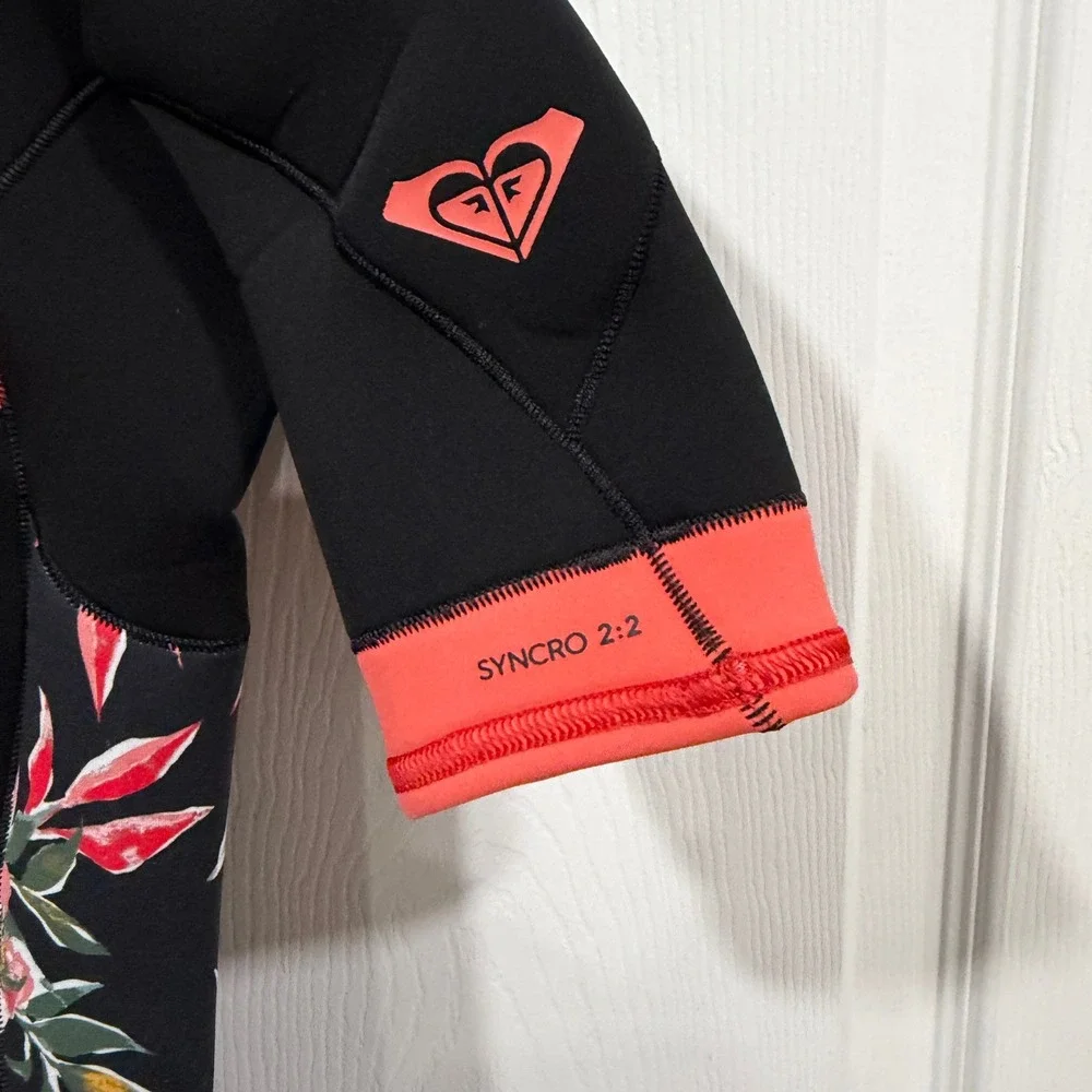 Roxy Girls Syncro 2:2 Short Sleeve Wetsuit Black Floral Coral Size 14G